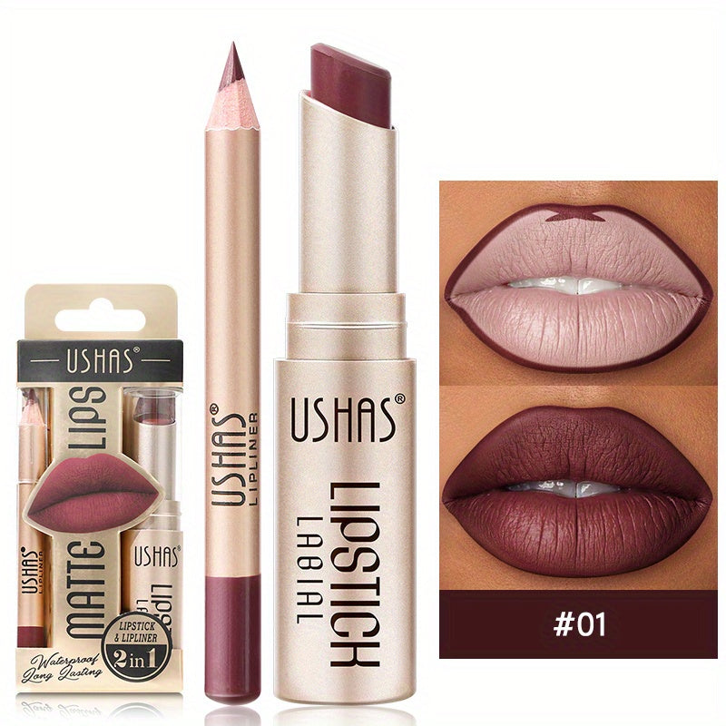 24 Hour Waterproof Velvet Matte Lipstick + Lip Liner - Nonstick Cup Lipgloss Lip Stain Pigmented Lip Makeup - Golden Box Nude Lipstick Valentine's Day Gifts