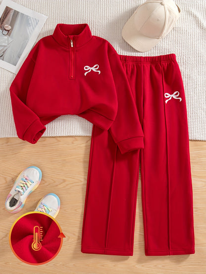 Girls' Daily Casual Outing Fashion Printed Bow Pattern Drop Shoulder Stand Collar Long Sleeve Sweatshirt and Long Pants 2pcs Set, Large Sweatshirt and Long Pants Set for Girls, Autumn/Winter, Perfect for Outdoor