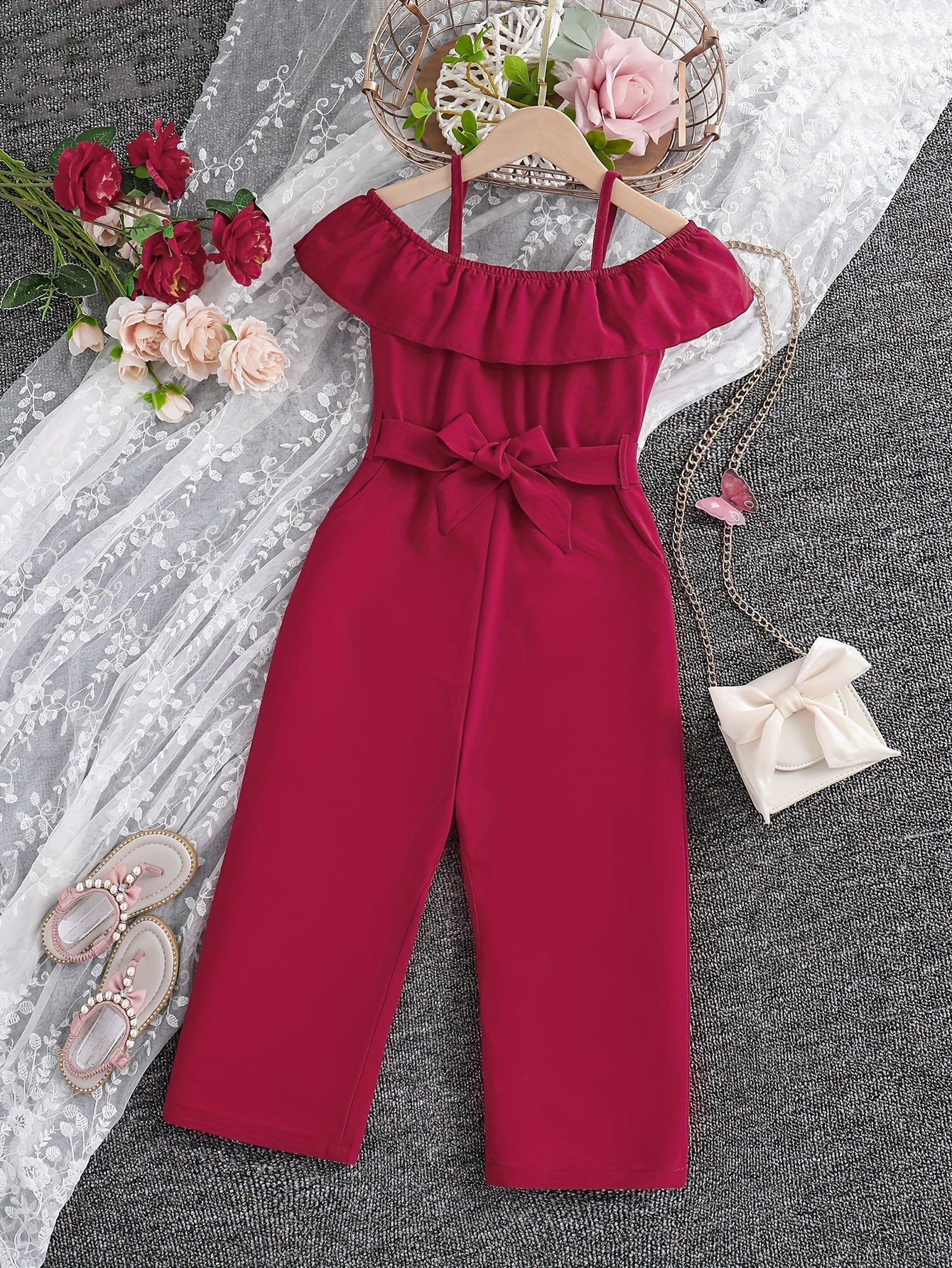 Summer Casual Outings for Girls Featuring a Sleeveless Ruffled Strap Jumpsuit in Solid Color, Complete with a Belt, for Outdoor