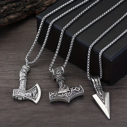 3 Pieces Of Men's Viking Necklace - Viking Hammer Nordic Compass Celtic Knot Wolf Axe Pendant Nordic Amulet Pendant Necklace Holiday Jewelry Gift