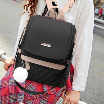 Lightweight Quilted Anti-Theft Backpack with Multiple Pockets, Embroidered Design, High-Quality Travel Bag for Women. Women'S Coin Purse, Casual Backpack with Pom-Pom Pendant, Stylish Shoulder Bag for Shopping, Suitable For, College Freshmen