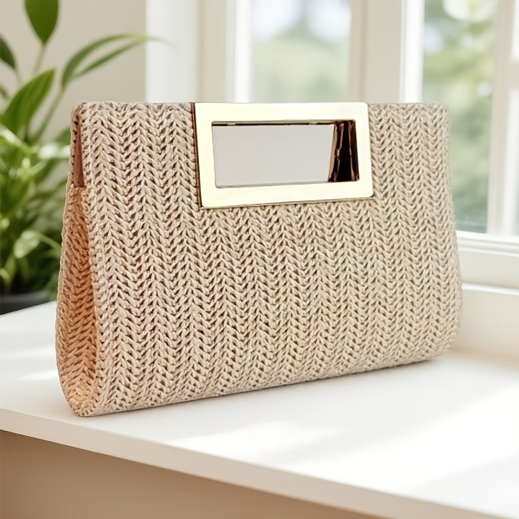 Elegant Striped Woven Clutch - Features a Metal Handle And a Detachable Chain Shoulder Strap, Versatile Beach Bag Suitable for Parties, Daily Outings, And Casual Occasions for Cosmetics Storage, Stylish Women'S Handbag, Exquisite Craftsmanship