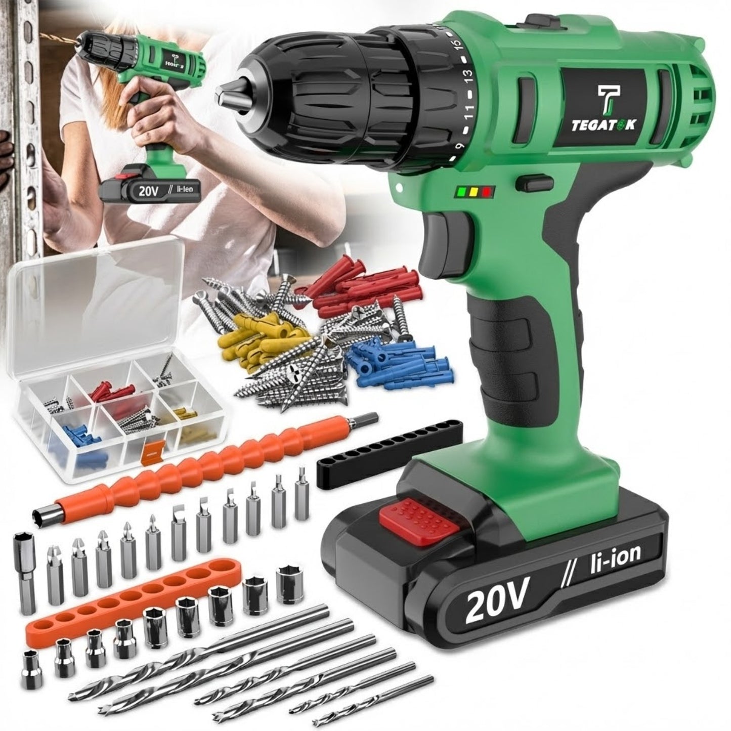 20V Industrial Electric Cordless Impact Drill, Drilling Concrete Walls, Powerful Performance, Easy to Drill Holes, Can Tighten Screws, 3/8-inch Keyless Chuck, 18+3 Torque Setting, Built-in LED Light, 35Nm Maximum Torque, 2.0Ah Battery, Perfect Gift