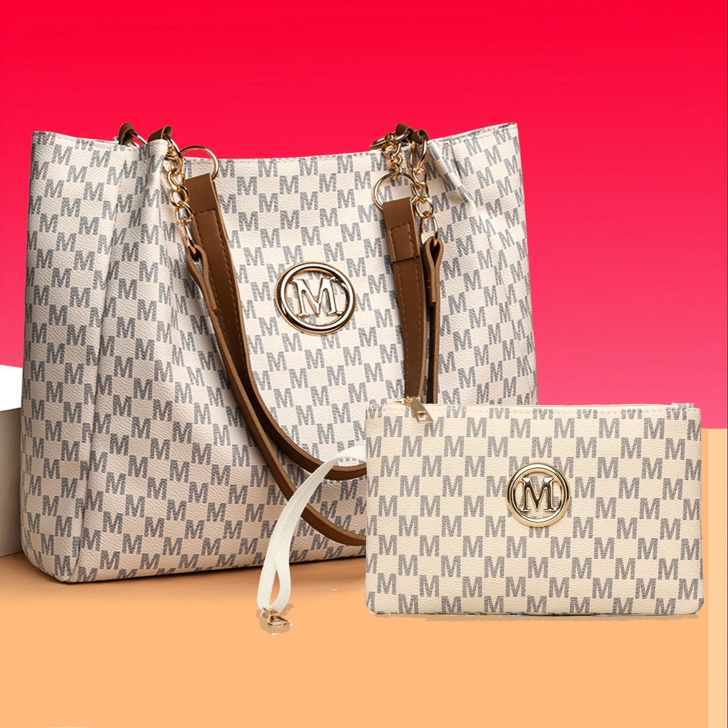Fashionable Retro Style Women'S Tote Bag with "M" Print | Large Capacity, Fixed Shoulder Straps, Lining, Ideal for Daily Use and Work Commute, Includes Matching Wallet