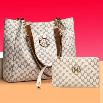 Fashionable Retro Style Women'S Tote Bag with "M" Print | Large Capacity, Fixed Shoulder Straps, Lining, Ideal for Daily Use and Work Commute, Includes Matching Wallet