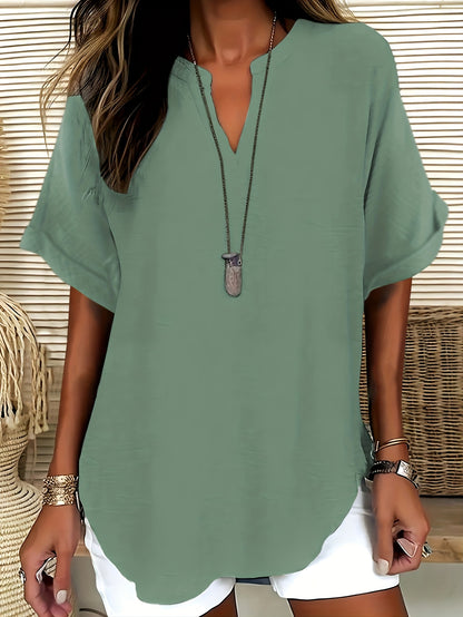 Women's V-Neck Drop Shoulder Sleeveless Solid Color Loose Short Sleeve Shirt Top