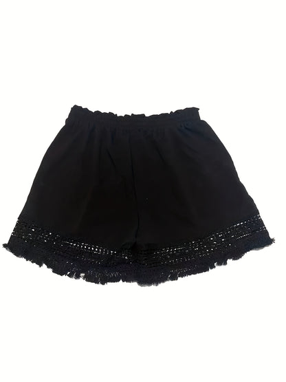 Summer Casual Shorts for Women, Lace Trim Slant Pocket Paper Bag Waist Shorts
