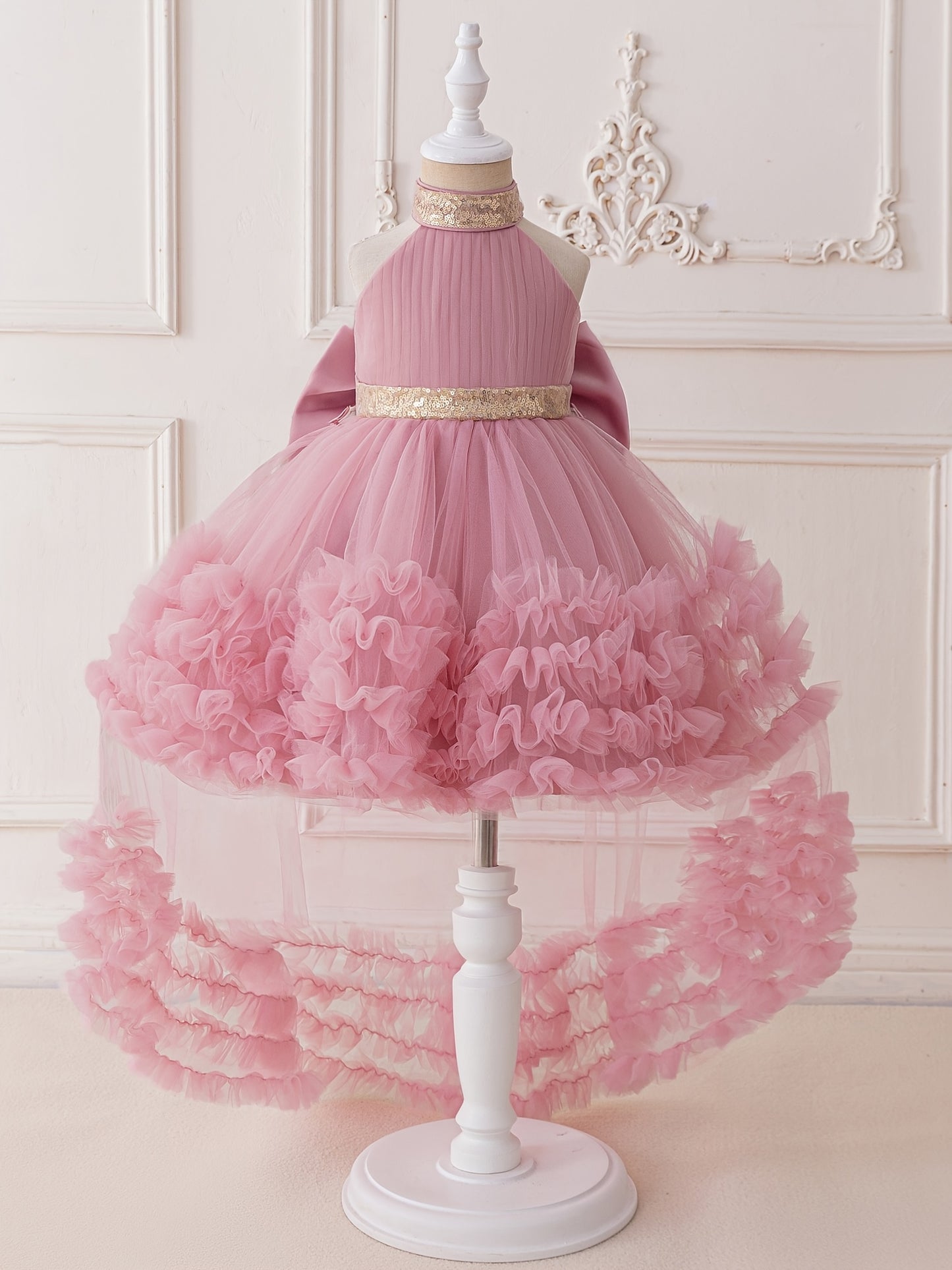 Girls' Soft Pink Halter Neck Trailing Dress | Cute Non-Stretch Fabric, Flared Hem, Midi Length, Sleeveless, Random Print, All-season Umbrella Skirt Style