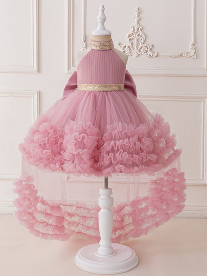 Girls' Soft Pink Halter Neck Trailing Dress | Cute Non-Stretch Fabric, Flared Hem, Midi Length, Sleeveless, Random Print, All-season Umbrella Skirt Style