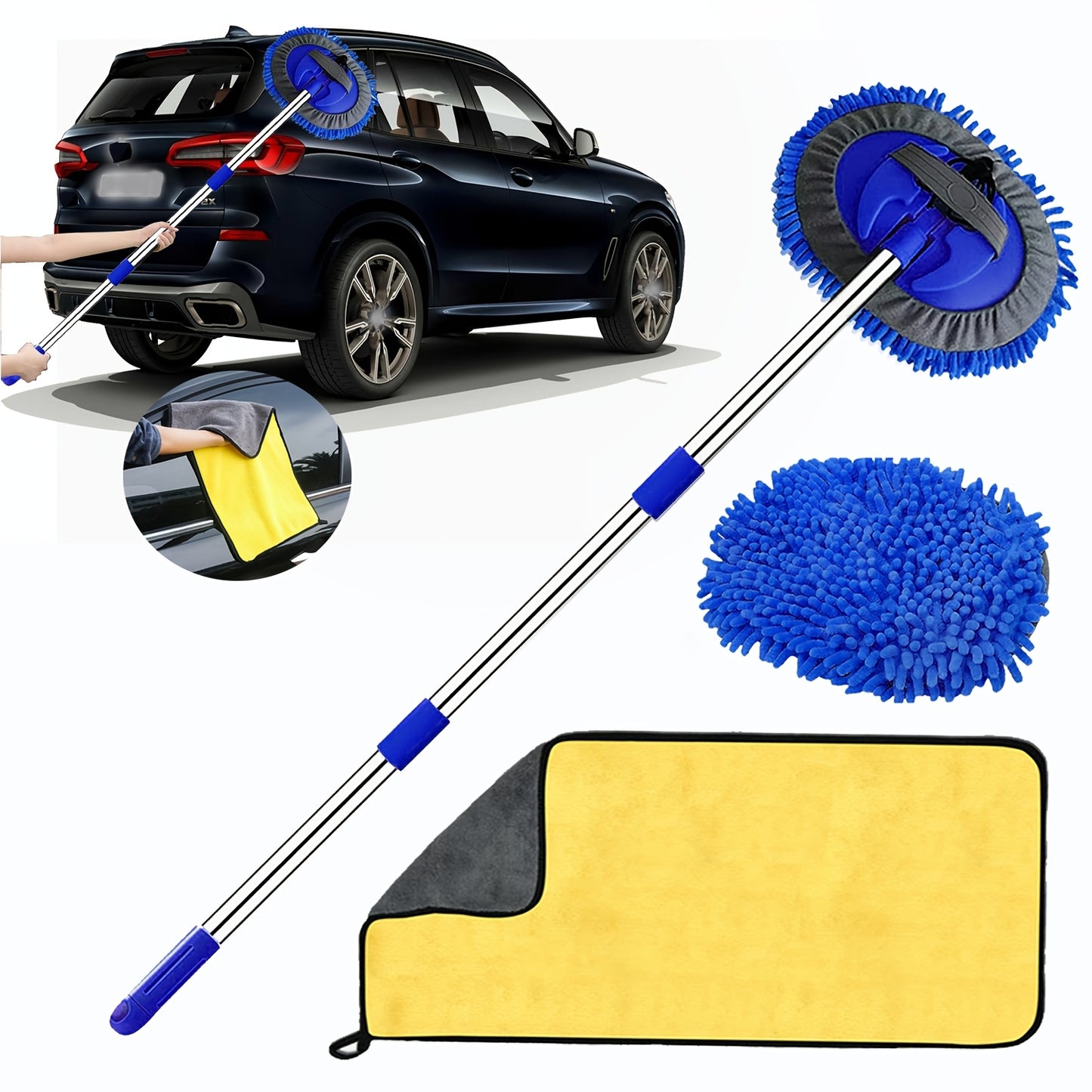 47.5Inch Microfiber Car Wash Brush Mop Set, Chenille Microfiber Sponge Duster No Paint Damage No Scratches, Long Handle Kit 2in 1 for Cleaning Cars, Trucks, SUVs, RVs, Trailers, Boats