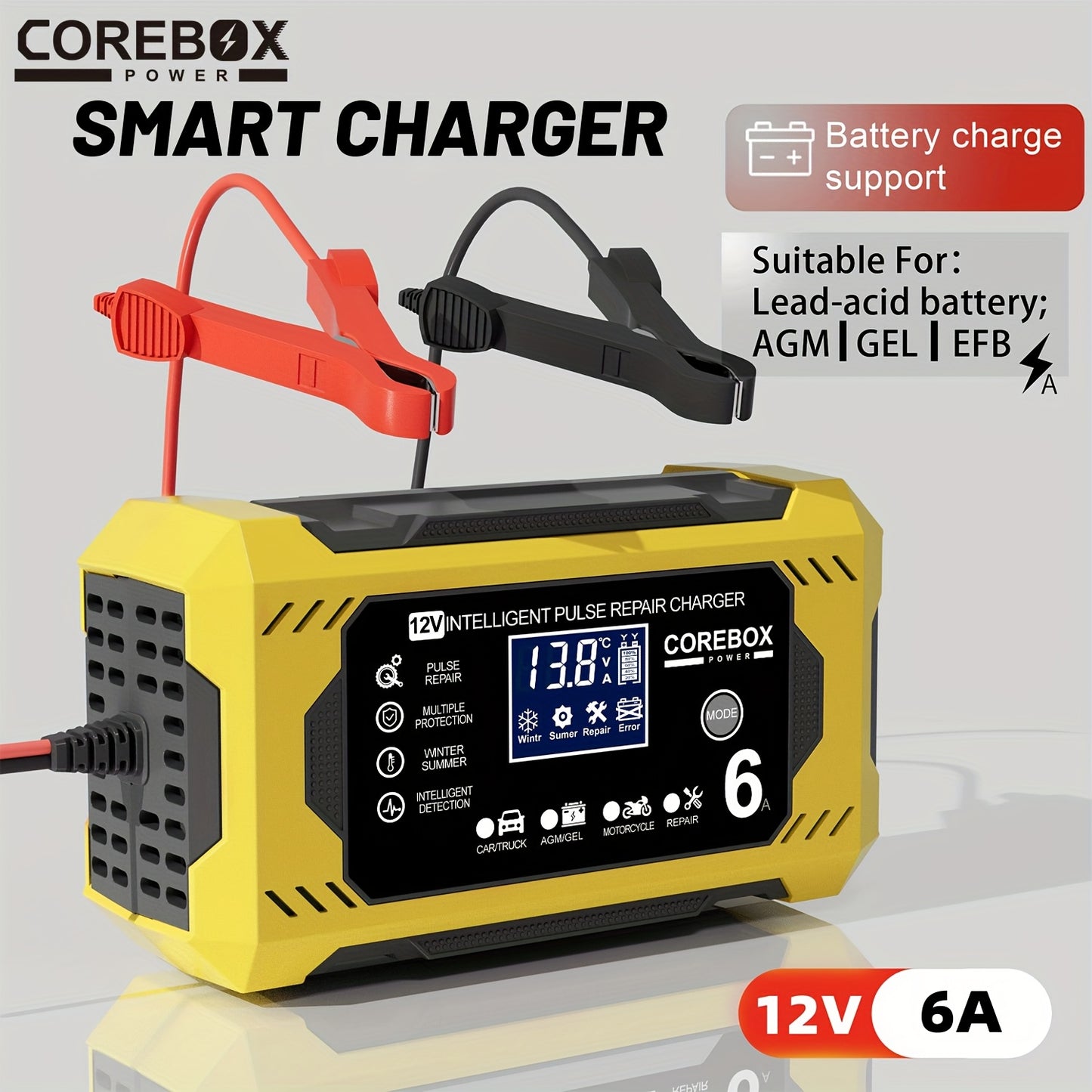 COREBOX 12V 6A Smart Battery Charger And Maintainer with LCD Display | US Plug, 110-130V Power Supply, Suitable for Cars, Trucks, Motorcycles, Lawn Mowers, Marine Lead Acid Batteries, Trickle Charging And Desulfation, Battery Not Included