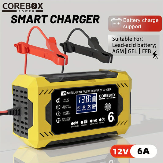 COREBOX 12V 6A Smart Battery Charger And Maintainer with LCD Display | US Plug, 110-130V Power Supply, Suitable for Cars, Trucks, Motorcycles, Lawn Mowers, Marine Lead Acid Batteries, Trickle Charging And Desulfation, Battery Not Included