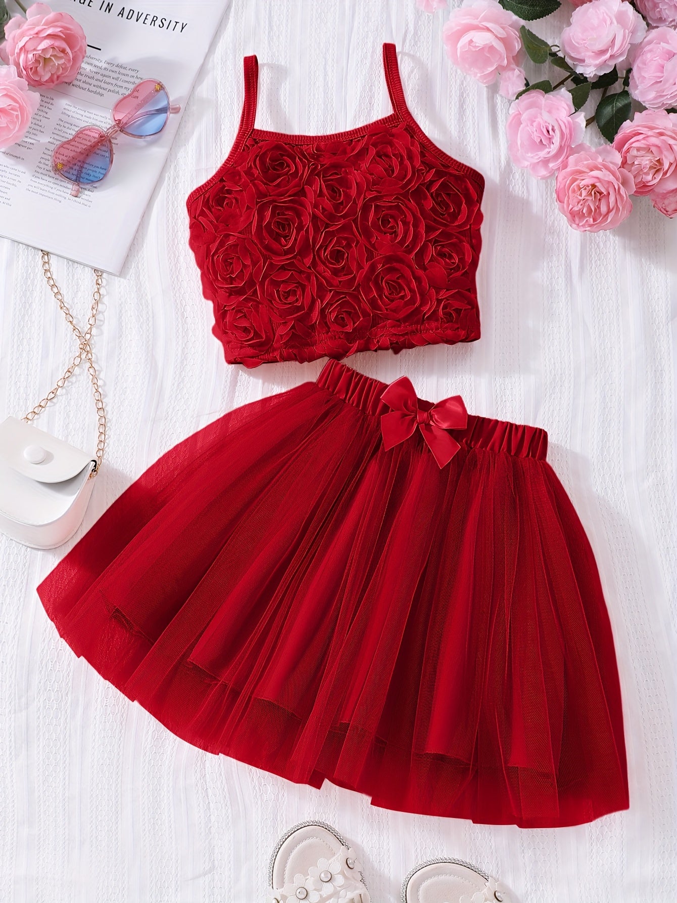 ' Stylish Floral Top with Straps And a Tulle Skirt Two-Piece Set for Spring And Summer
