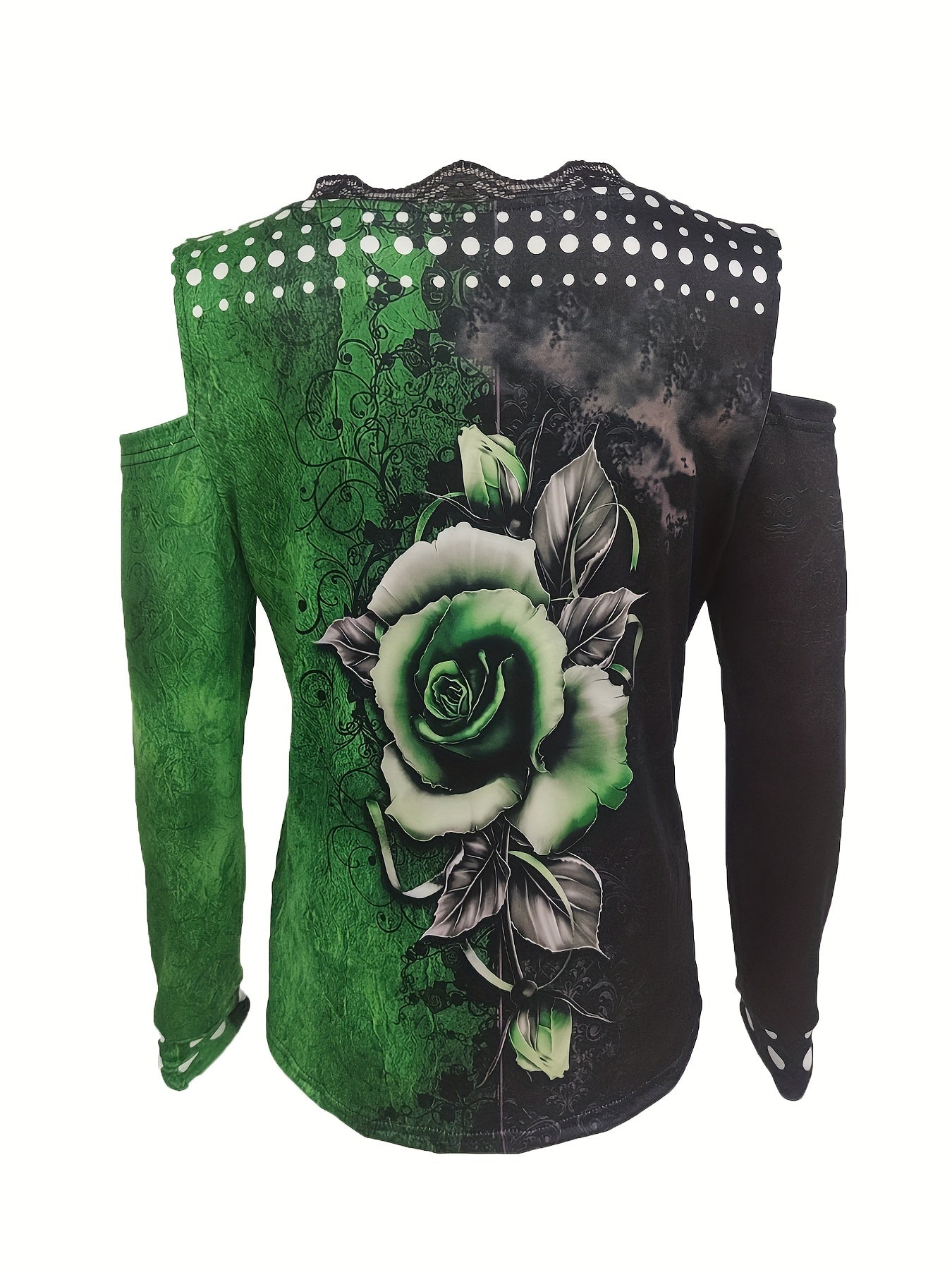 Lace Trim V-Neck Printed Off-Shoulder Long Sleeve