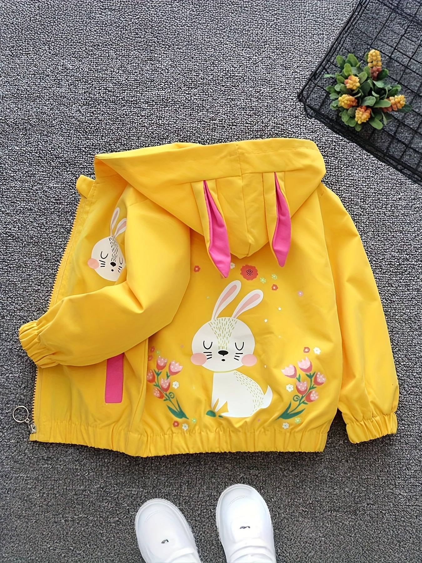 Girls' Yellow Bunny Print Hooded Jacket, Pink Bunny & Floral Accents, Lightweight Spring/Fall Coat, Zip-Up Front, Loose Fit Casual Outerwear for Everyday, Spring Outerwear