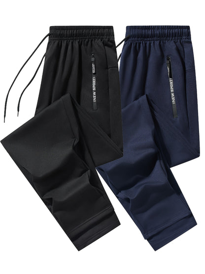 Men's 2-pack Set Of Solid Regular Fit And Cuffed Sweatpants with Letter Print Zippered Pockets And Drawstring, Athletic Joggers for All Seasons Fitness And Gym Wear