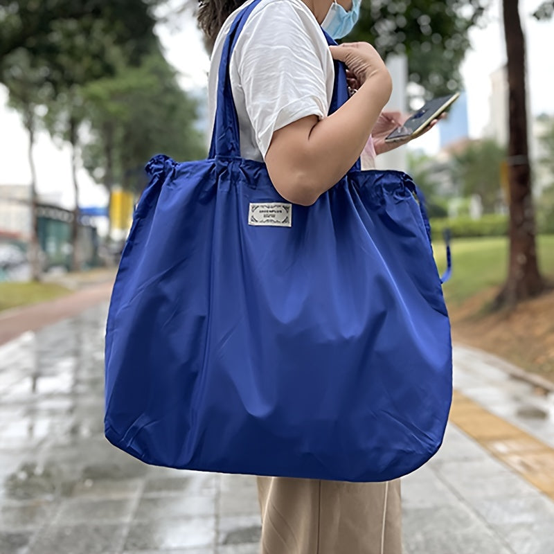 Large Reusable Women's Drawstring Tote Bag, Foldable Shoulder Shopping Bag with Washable Design for Grocery Shopping