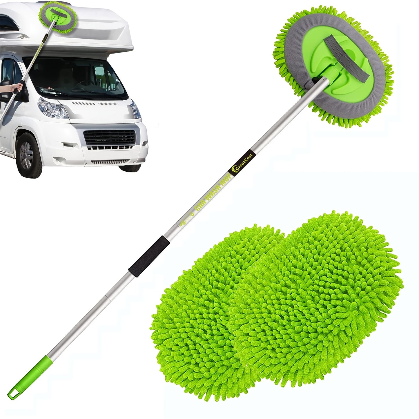 62" Car Wash Brush Kit with Long Handle, Scratch Free Mop Cleaning Mitt Suitable for Washing Cars Truck SUV RV Caravans and Household(2 X Mop Head)