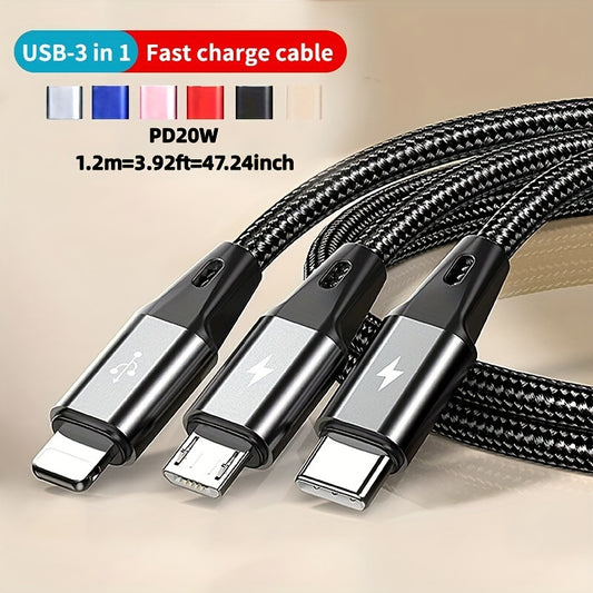 [3-in-1 Fast Charging] 3-in-1 Fast Charging USB Cable | Nylon Braided, Compatible with for iPhone 14 13 12 Pro Max Xs Max, Samsung, Redmi, OnePlus, Xiaomi, Ultra 20 10 9 Moto, Type-C to Type-C, 20W Power