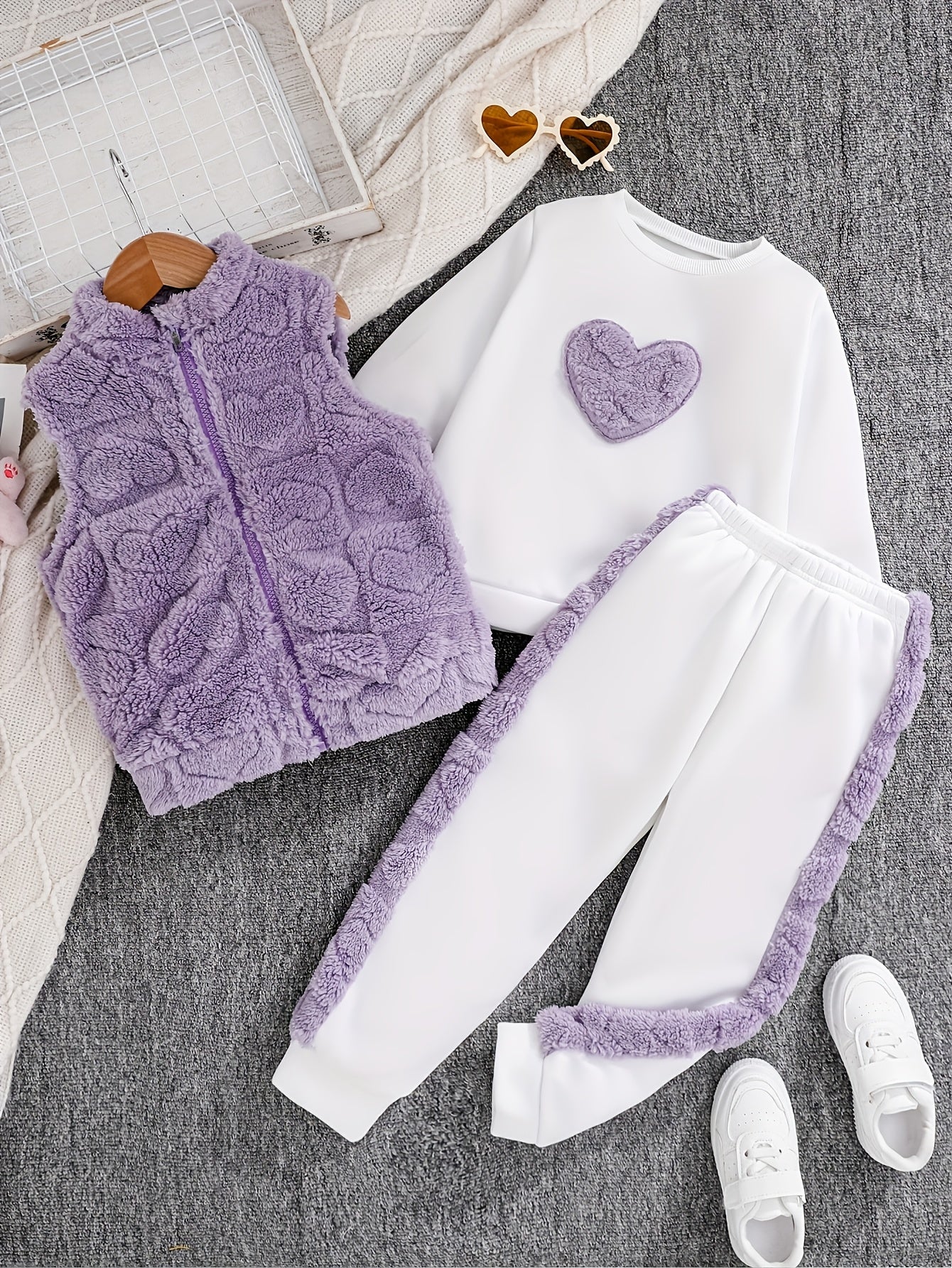 3pcs Girls' Casual Set/Plush Heart Jacquard Vest+Heart Embroidery Top+Plush Patchwork Pants/Warm Autumn Winter Fashion/Perfect for Outings Outdoor Activities