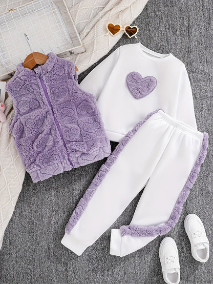 3pcs Girls' Casual Set/Plush Heart Jacquard Vest+Heart Embroidery Top+Plush Patchwork Pants/Warm Autumn Winter Fashion/Perfect for Outings Outdoor Activities