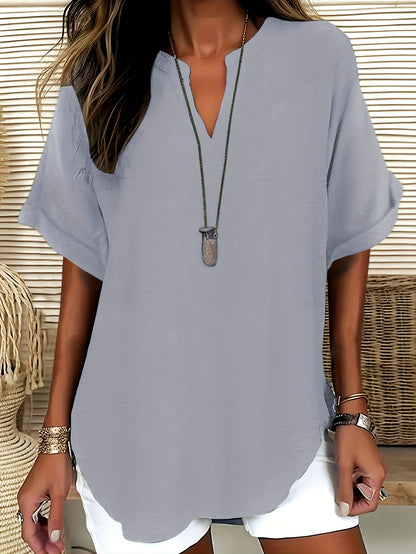 Women's V-Neck Drop Shoulder Sleeveless Solid Color Loose Short Sleeve Shirt Top