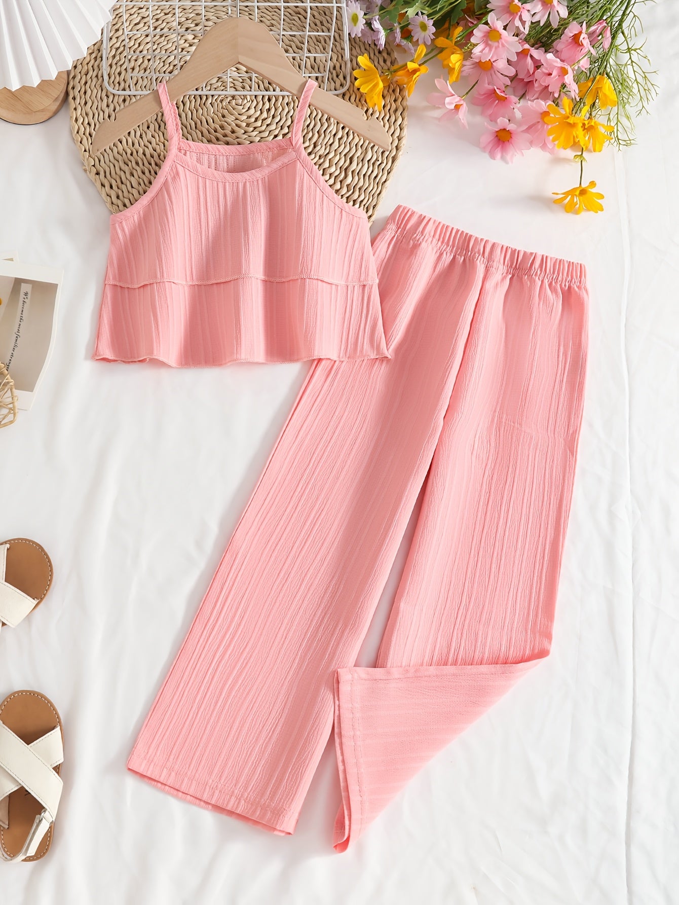 Little Girl's Summer Plain Vest 2pcs Set with Straight Trousers, Fashionable and Elegant Children's Clothing., Perfect for Outdoor