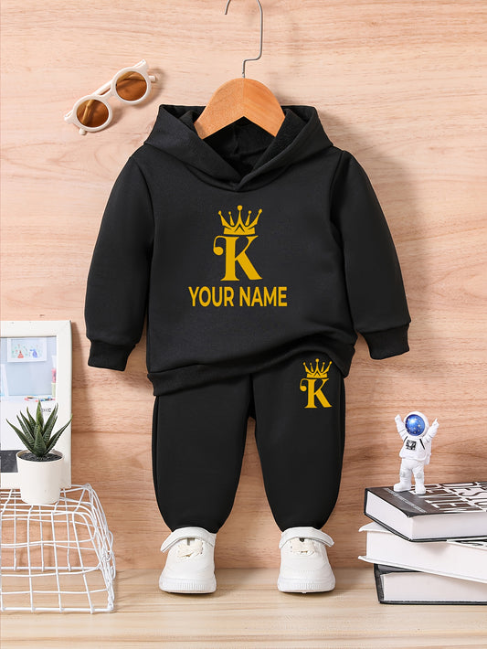 [Customization]Christmas Edition Crown K Custom Kids Fashion Casual Hooded Sweatshirt Set with Personalized Name (Other items not included for), Perfect for Outdoor