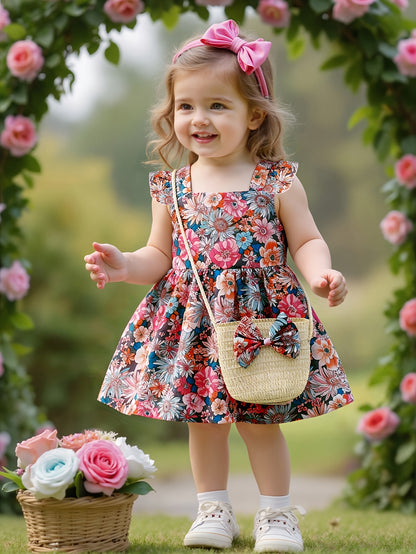 Girl's Floral Print Dress with Woven Straw Bag, Sweet and Cute Outdoor Outfit for Kids and Babies, Birthday and Holiday Gift for Children, Adorable Sweet Style Casual Outerwear for Little Girls, Breathable and Comfortable Stylish Children's Clothing