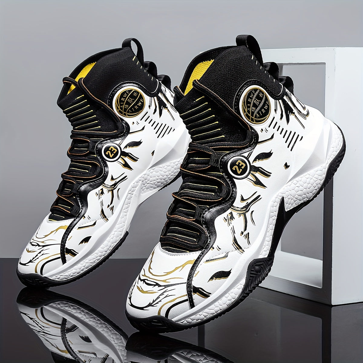 Men's High-Top Sneakers/ Basketball Shoes with Anti-Slip Rubber Sole, & Breathable Mesh Upper - White/Black/Gray/Golden/Orange Colorway, All-Season Sneakers for Running, Gym, Casual Wear - Lace-Up Mid-Top Design, All-Terrain Traction, Sneaker Boot Hybrid