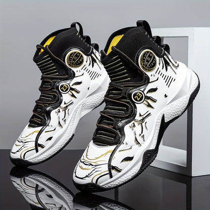 Men's High-Top Sneakers/ Basketball Shoes with Anti-Slip Rubber Sole, & Breathable Mesh Upper - White/Black/Gray/Golden/Orange Colorway, All-Season Sneakers for Running, Gym, Casual Wear - Lace-Up Mid-Top Design, All-Terrain Traction, Sneaker Boot Hybrid