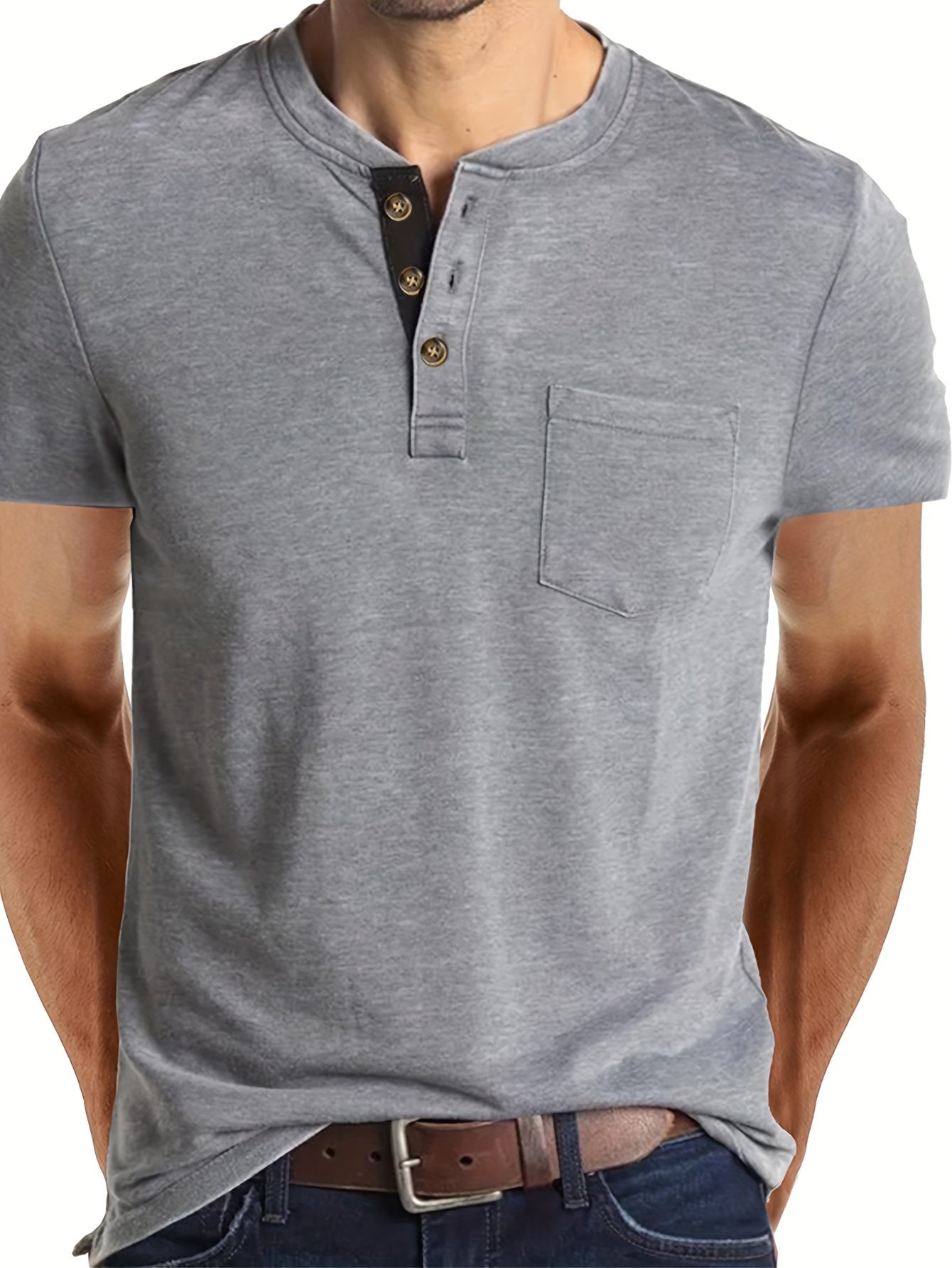 Men's Summer Casual Short Sleeve T-Shirt - Breathable Blend Round Neck Henley-Style Button Front, Semi-Sheer Fabric, Machine Washable Regular Fit for Outdoor & Casual Attire, Relaxed Style, Buttonfront Design, Easy Care, Buttonup Shirt, Warm Weather