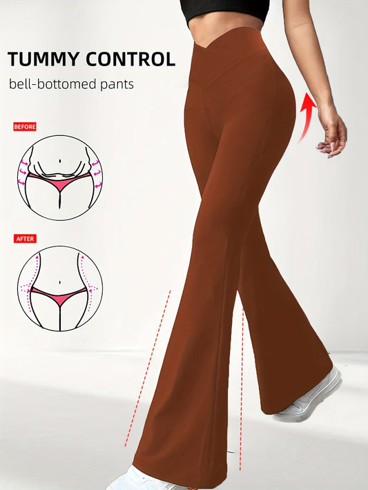 Women's High-Waisted Flared Pants with Belly Button Control - Tummy Management Leggings, Non-See-Through Stretchy Pants for Workouts, Casual & Formal Outfits - All-Season Slim Fit Bottoms