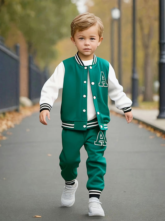 European And American Boys' Autumn And Winter Baseball Jacket with Letter A Print + Letter A Print Long Pants Two-Piece Set, for Outdoor