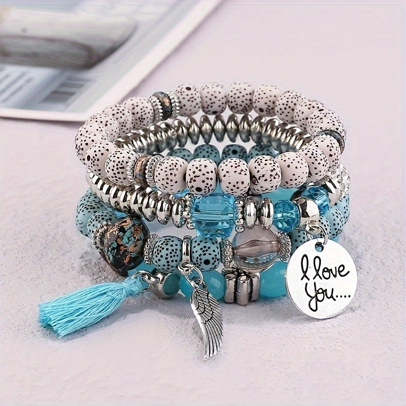 [4pcs Bohemian Bracelets] 4pcs Bohemian Winged Tassel Beaded Bracelets | Women's Fashion Jewelry, Versatile for Casual Attire and Perfect Holiday Gift
