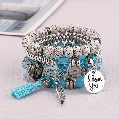 [4pcs Bohemian Bracelets] 4pcs Bohemian Winged Tassel Beaded Bracelets | Women's Fashion Jewelry, Versatile for Casual Attire and Perfect Holiday Gift