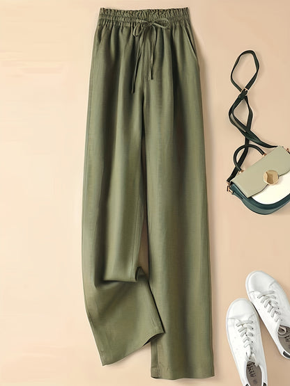 Vintage Loose-Fit Thin-Linen Wide-Leg Pants for Women, High-Waisted with Elastic Waistband and Drawstring, Artistic Casual Straight-Leg Trousers