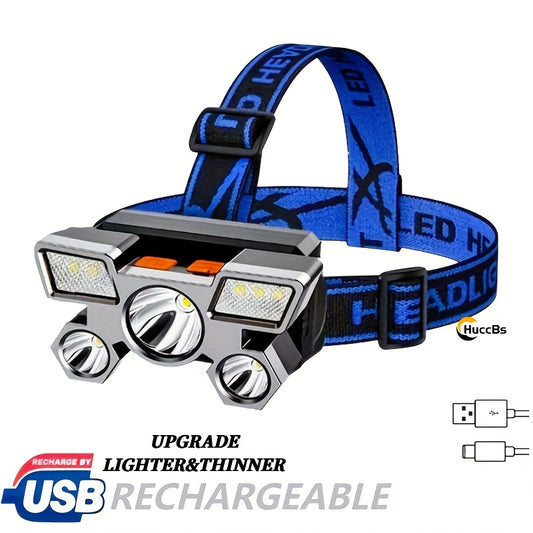 HuccBs USB Rechargeable Headlamp, Portable 5-LED Headlight with Built-in Battery, Flashlight, Portable Work Light, IPX4, Head-Mounted Fishing Headlamp Flashlight, Portable Camping Headlamp, Home Emergency, Fishing, Travel Work Light, USB Lighting