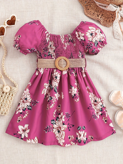 Summer Casual Dress for Girls Featuring a Stylish Floral Print, Knee-Length, with a Loose Fit And Gathered Design