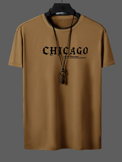 Men'S Minimalist Casual Stylish Trendy Comfortable Short-Sleeve T-Shirt with Chicago Letter Pattern Print for Summer, Breathable, Sweat-Absorbing, And Cool, Sweat-Resistant