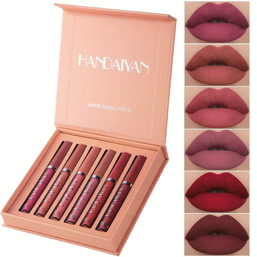 [Matte Liquid Lipstick Set] 6pcs HANDAIYAN Matte Liquid Lipstick Set - Waterproof Long-Lasting Full Coverage Lip Gloss, Non-Stick Formula with 6 Shades (, Nude, Burgundy, Deep, Plum,) - Lip Tint Kit for Lips & All Light Types