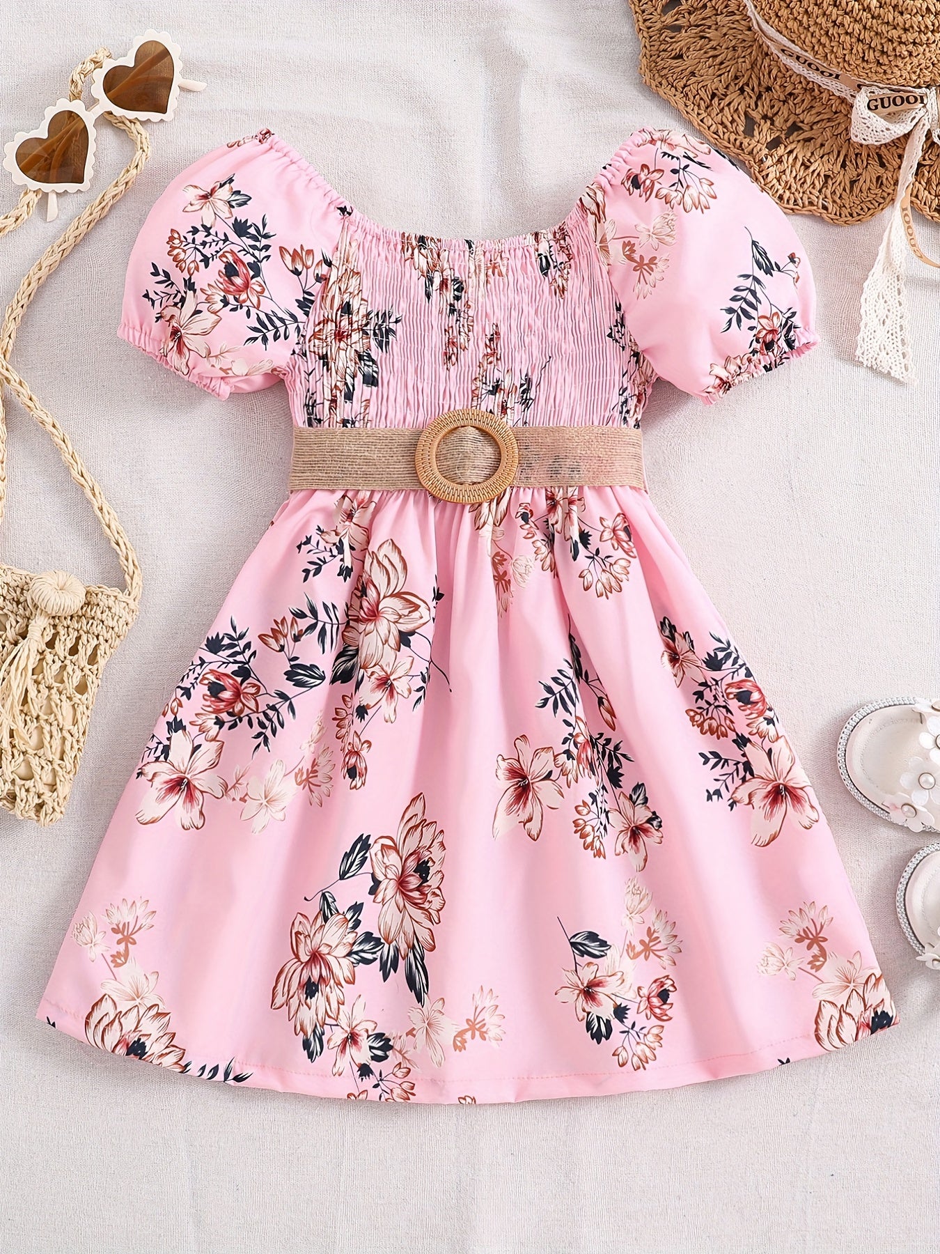 Summer Casual Dress for Girls Featuring a Stylish Floral Print, Knee-Length, with a Loose Fit And Gathered Design
