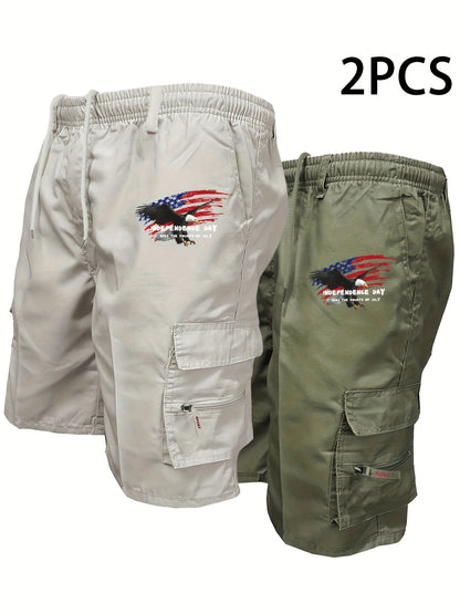 Men'S 2pcs Print Cargo Shorts Set with Zipper Pockets - Two-Piece American Flag & Eagle Design, Casual Sporty Style, Non-Stretch Fabric, Perfect for Independence Day Outfits