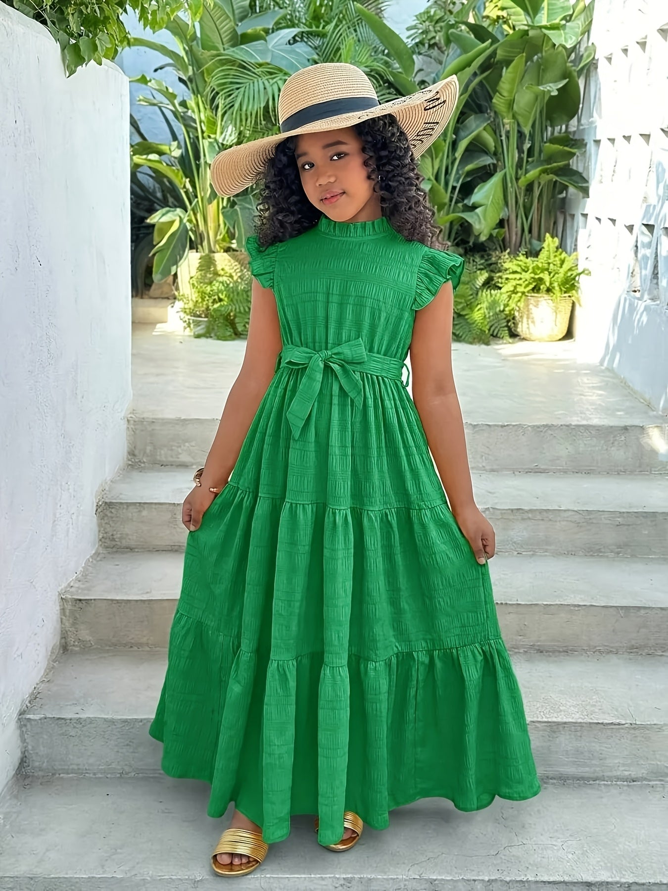 Elegant Long Dress for Teen Girls with Pleated Stand Collar, Ruffled Cap Sleeves, and Belt | Solid Color, Slight Stretch Fabric, Suitable for Casual Outdoor Vacations