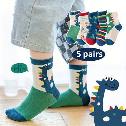 5 Pairs of Cartoon Dinosaur 5 Pairs of Boys Casual Fashion Knitted Breathable Sailor Socks Print Socks Socks, Boys Socks