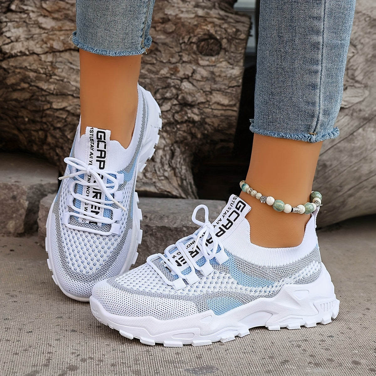 Women'S Color-Blocked Casual Sneakers, Breathable Lace-Up Running Shoes with Flying Woven Design, Stylish Mesh Platform Casual Footwear., Women Shoes