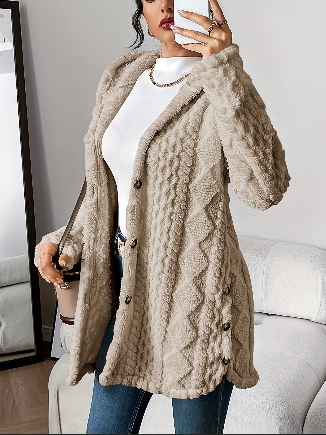 Autumn-Winter Warm Fashion Jacquard Plush Hooded Cardigan Coat