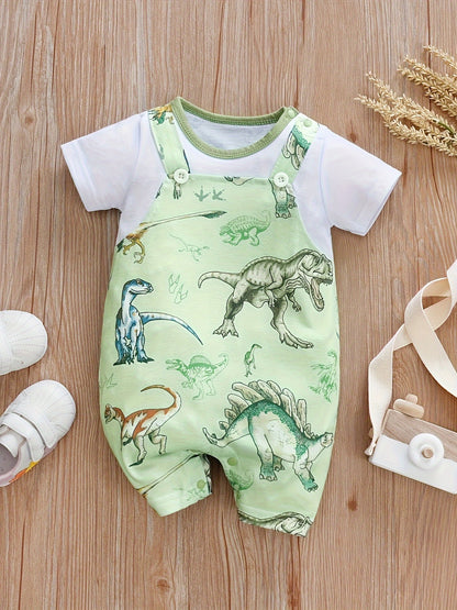 [2pcs Cartoon Romper] Two-piece Faux Bodysuit, Infant's Cartoon Zoo Animal Print Casual Short Sleeve Romper | Baby Boy's Outdoor Clothing