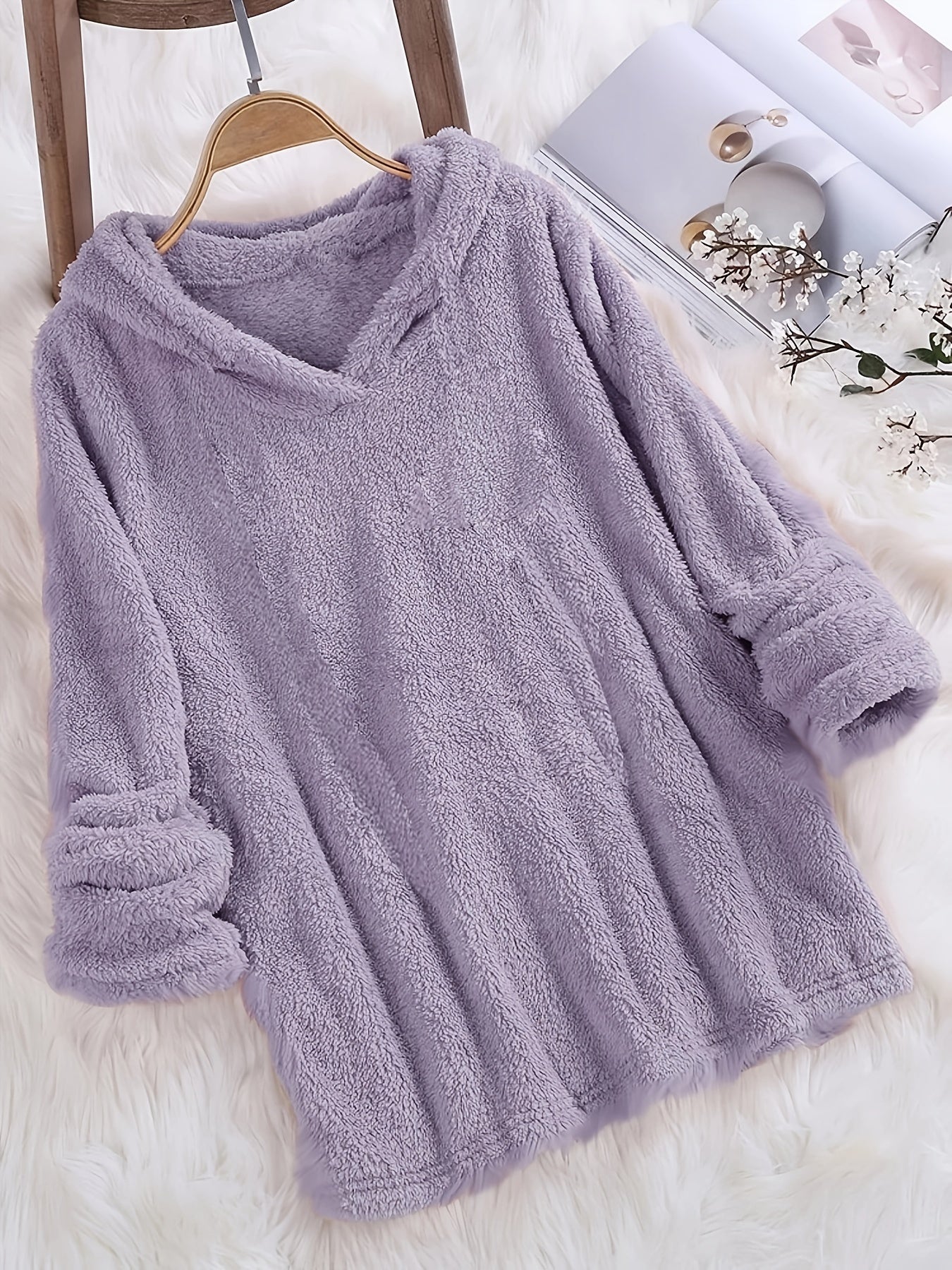 Fashion Women's Standard Size Fuzzy Pullover Solid Color Hoodie