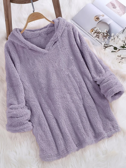 Fashion Women's Standard Size Fuzzy Pullover Solid Color Hoodie